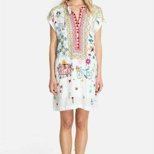 JOHNNY WAS MISHTI WHITE LINEN EMBROIDERED DRESS! EUC! SIZE XL